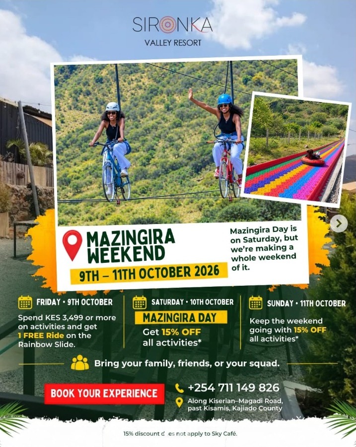Mazingira Weekend poster, 9 to 11 October 2026. Friday 9 October: spend KES 3,499 or more on activities and get 1 free ride on the Rainbow Slide. Saturday 10 October, Mazingira Day: 15% off all activities. Sunday 11 October: 15% off all activities. 15% discount does not apply to Sky Café.